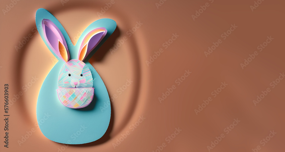 Obraz premium Happy Easter! A cute Easter bunny in the shape of an Easter egg cut out of paper / Craft / Papercut style / Brown red white neutral background / Space for text / Simple and stylish / Wallpaper Banner