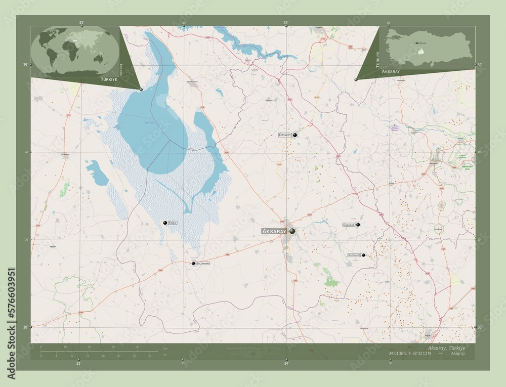 Fototapeta premium Aksaray, Turkiye. OSM. Labelled points of cities