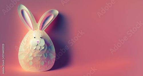 Happy Easter! A cute Easter bunny in the shape of an Easter egg cut out of paper / Craft / Papercut style / Beautiful neutral background / Space for text / Simple and stylish / Wallpaper Banner