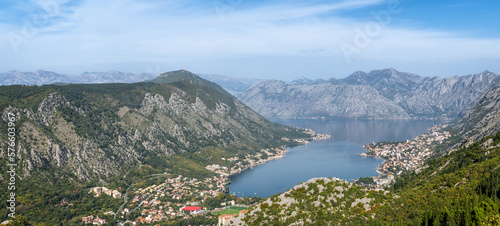 A panoramic view of the famous Bay of Kotor, Montenegro from high up, nestled between picturesque rocky slopes