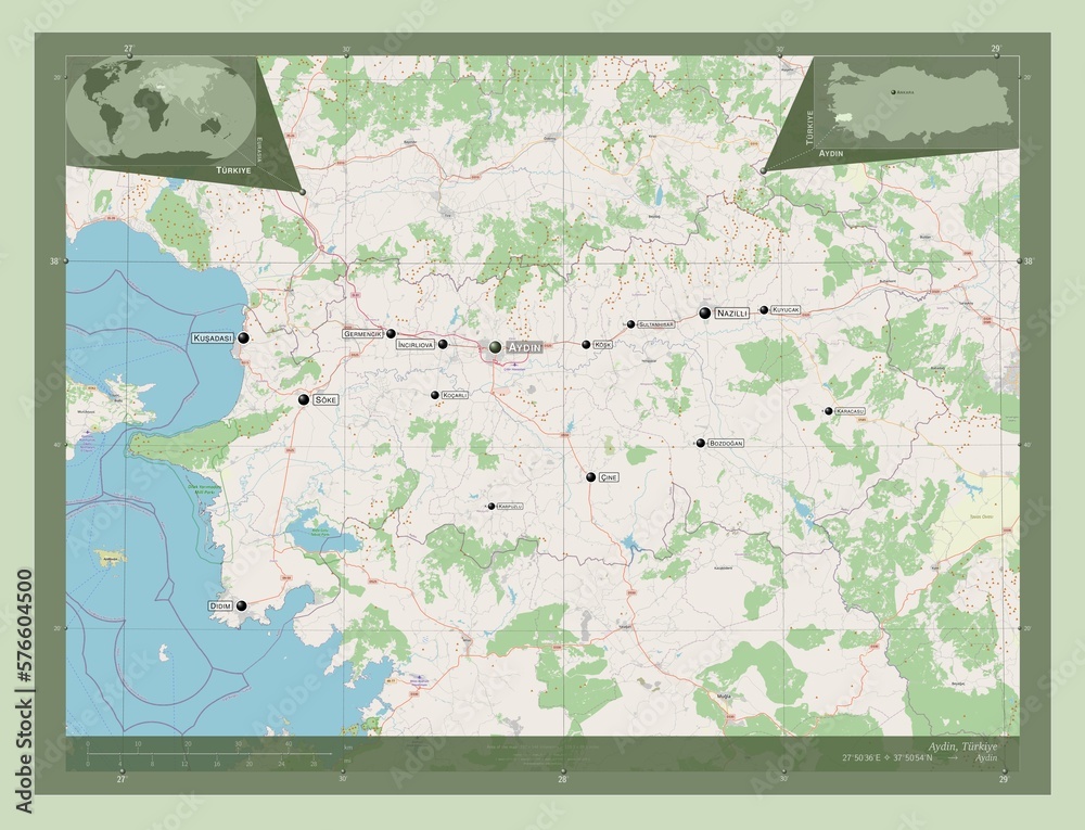 Fototapeta premium Aydin, Turkiye. OSM. Labelled points of cities