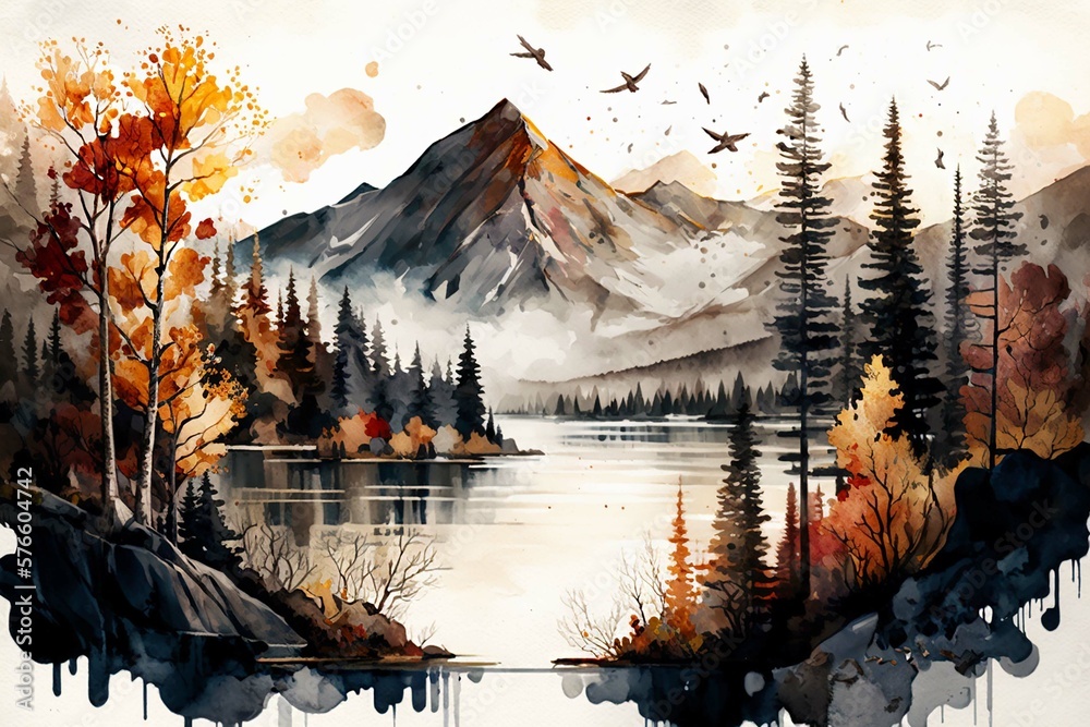 Watercolor landscape with mountains, forest and river in front. beautiful landscape. Generative AI - obrazy, fototapety, plakaty 