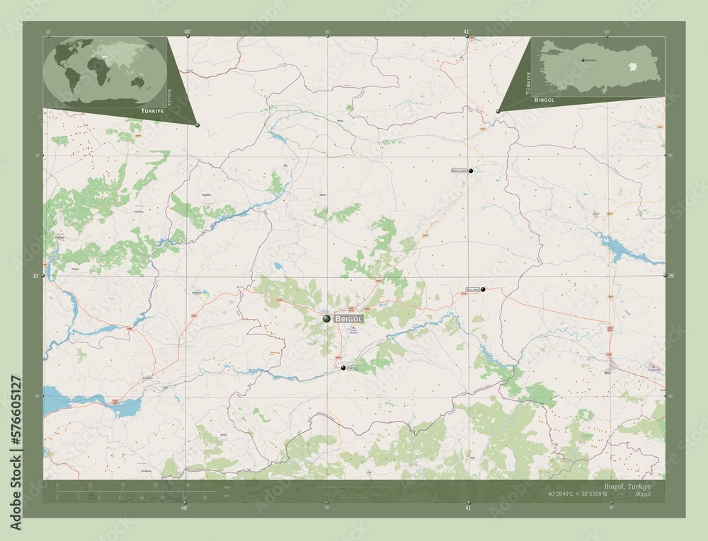 Fototapeta premium Bingol, Turkiye. OSM. Labelled points of cities