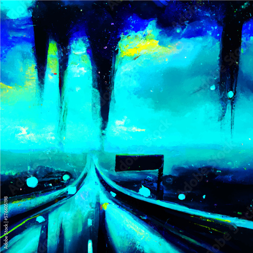 Expressive Oil painting cyberpunk  highway. 3