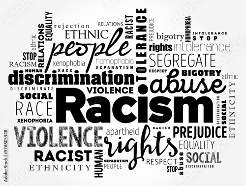 Racism - process by which systems and policies, actions and attitudes create inequitable opportunities for people based on race, word cloud concept background