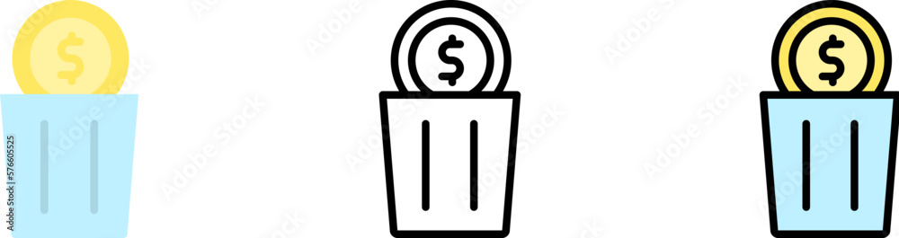 trash can coin dollar vector icon in different styles. Line, color, filled outline trash can coin dollar vector icon in different styles. Line, color, filled outline