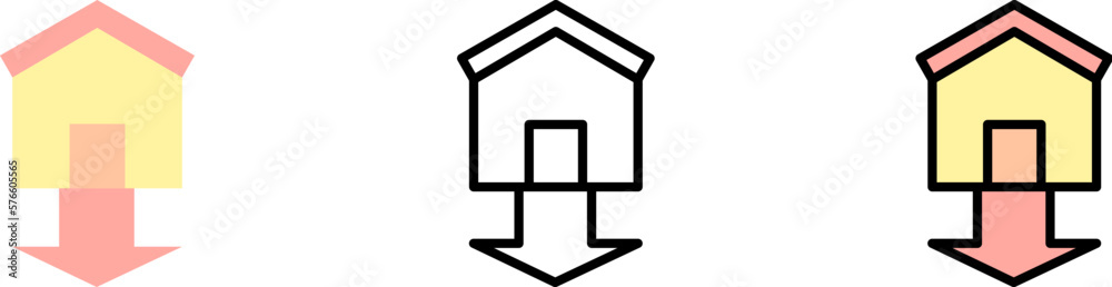 house arrow down vector icon in different styles. Line, color, filled outline house arrow down vector icon in different styles. Line, color, filled outline