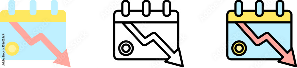 calendar arrow down coin vector icon in different styles. Line, color, filled outline calendar arrow down coin vector icon in different styles. Line, color, filled outline