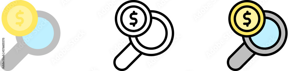 magnifier dollar coin vector icon in different styles. Line, color, filled outline magnifier dollar coin vector icon in different styles. Line, color, filled outline