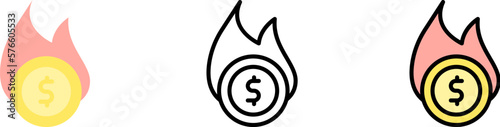 coin dollar fire vector icon in different styles. Line, color, filled outline