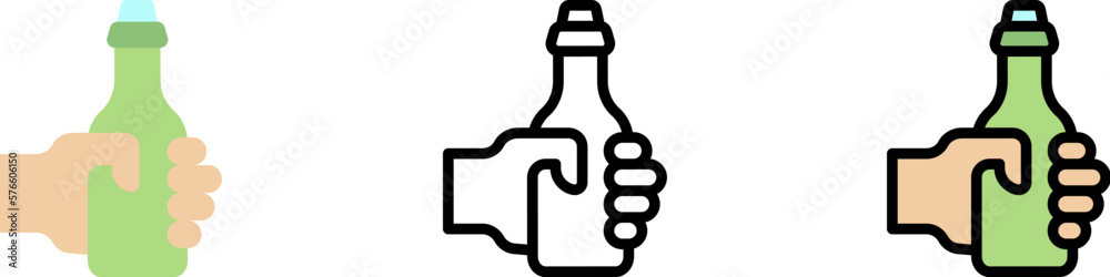 Hand, beer bottle vector icon in different styles. Line, color, filled outline Hand, beer bottle vector icon in different styles. Line, color, filled outline