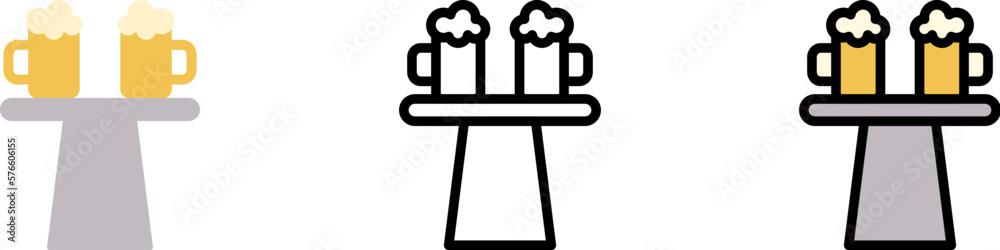 Bar table, beer vector icon in different styles. Line, color, filled outline Bar table, beer vector icon in different styles. Line, color, filled outline