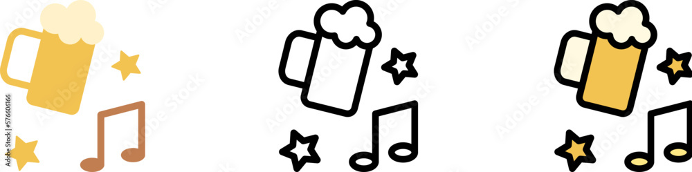 Beer, music, party vector icon in different styles. Line, color, filled outline Beer, music, party vector icon in different styles. Line, color, filled outline