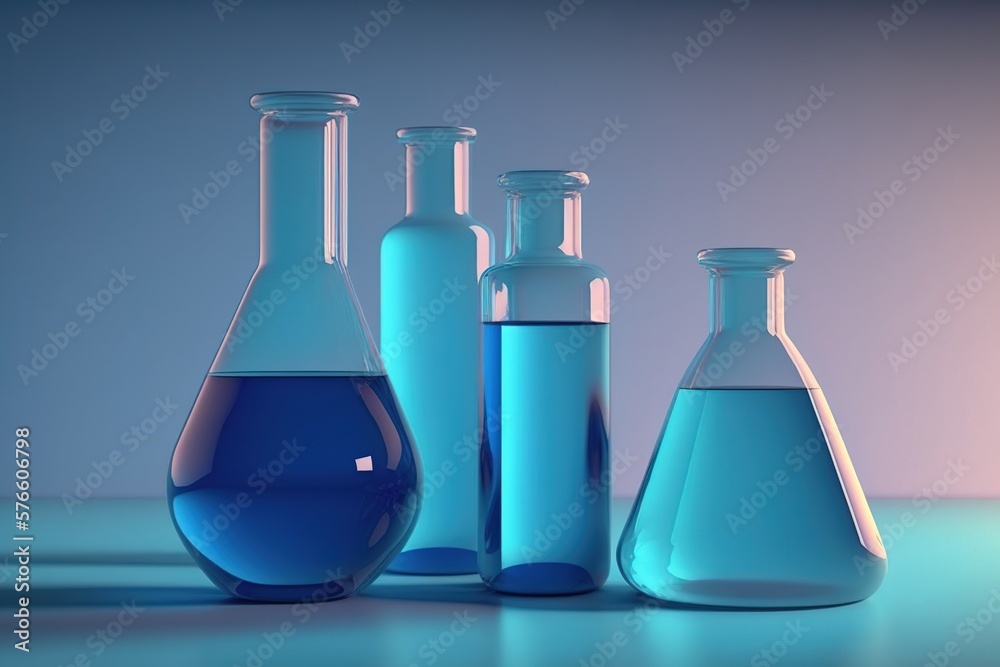 Test tubes with blue liquids inside on a blue background. Generative AI Test tubes with blue liquids inside on a blue background. Generative AI
