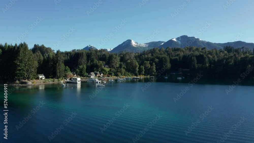 AERIAL - Bahia Brava bay, pier, Villa La Angostura, Neuquen, Argentina, forward AERIAL - Bahia Brava bay, pier, Villa La Angostura, Neuquen, Argentina, forward
