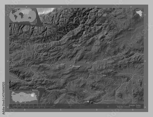 Erzurum, Turkiye. Grayscale. Labelled points of cities photo