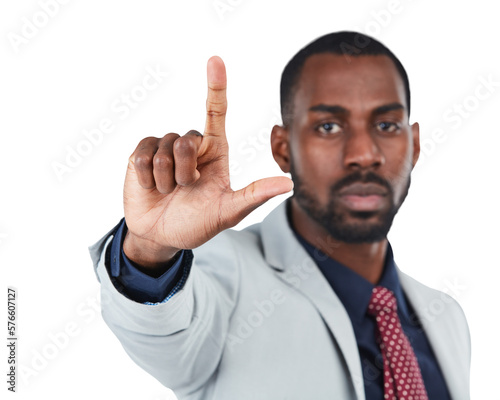 An assertive or a positive young afro american businessman or entrepreneur giving a review and feedback and shows the gesture of an L sign isolated on a png background. photo