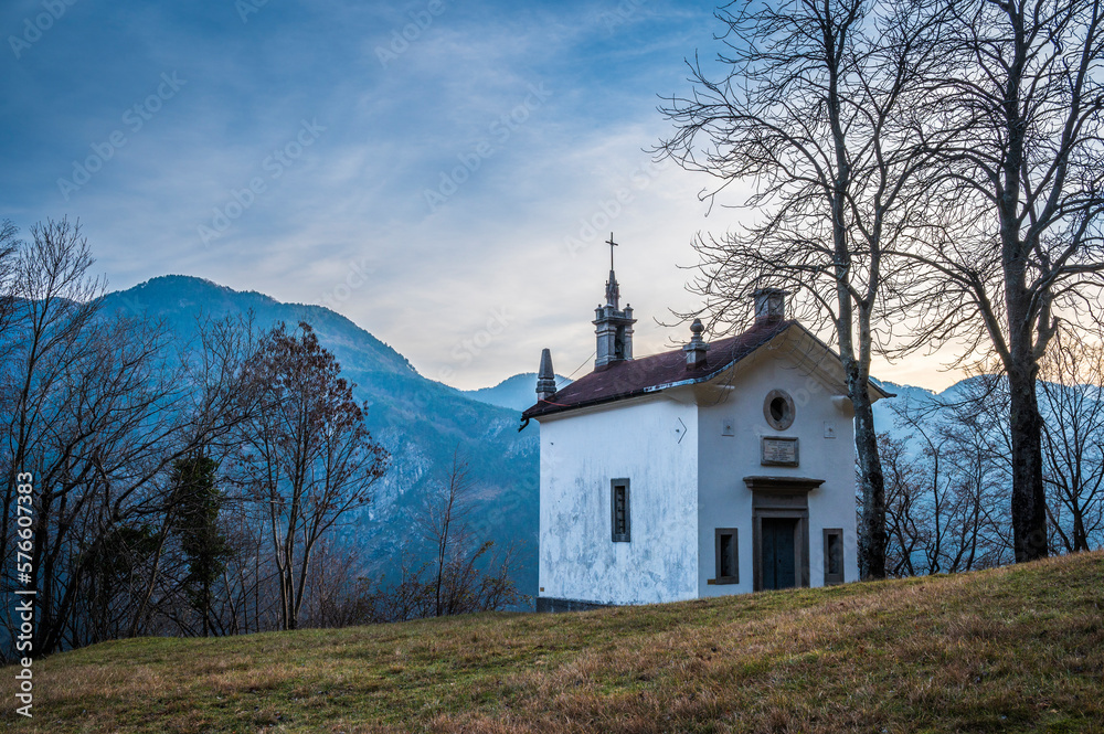 Chiusaforte and the little church of Raunis seen from above. Friuli