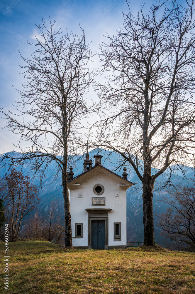Chiusaforte and the little church of Raunis seen from above. Friuli Chiusaforte and the little church of Raunis seen from above. Friuli