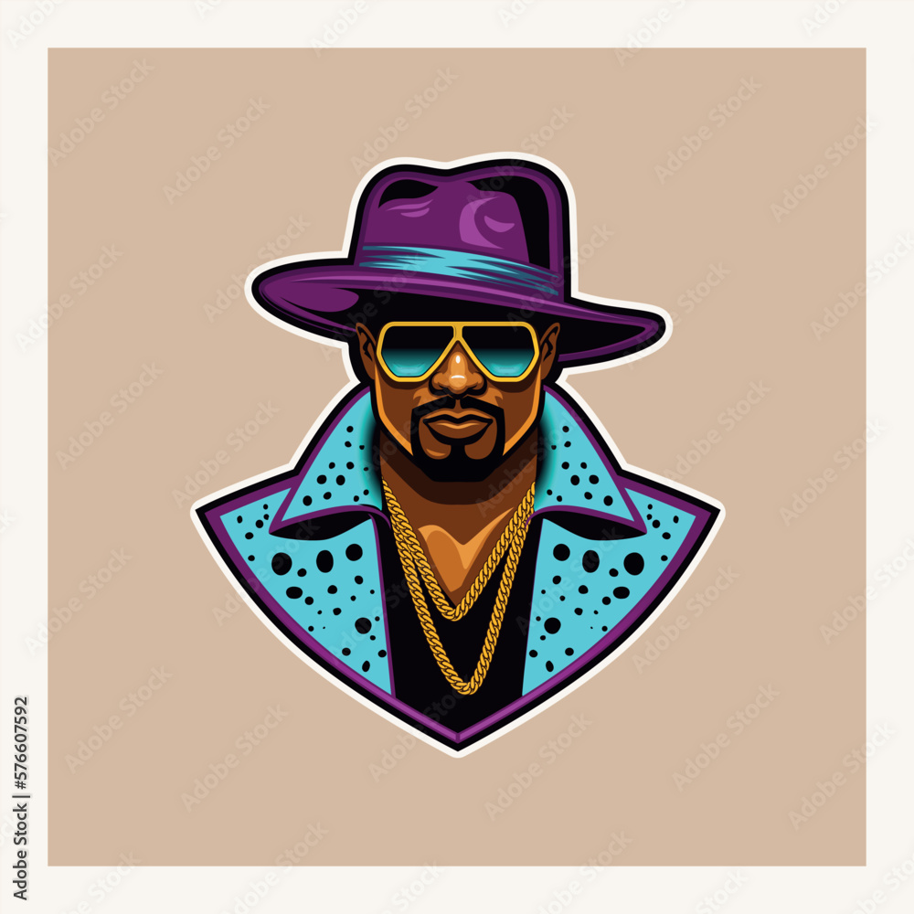 Pimp in purple hat and sunglasses isolated. Hustler sports logo mascot