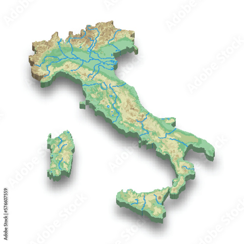 3d isometric relief map of Italy