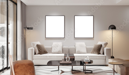 Mock up poster frame in modern living room interior. 3D illustration