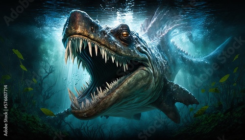 Dinosaur shark in deep water. Generative AI. Fantasy illustration.