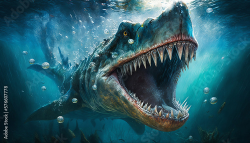 Dinosaur shark head and teeth in the deep blue sea. Generative AI