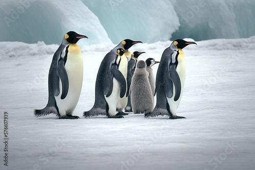 Penguins Huddled on a Frozen Lake in Snowy Landscape  Ai Genrative