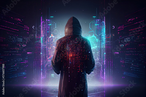 Hacker in Cyberspace with a Matrix Background - Generative AI illustration