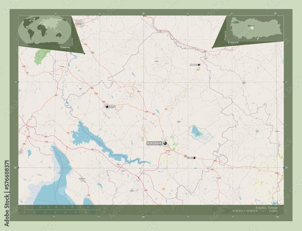 Fototapeta premium Krsehir, Turkiye. OSM. Labelled points of cities