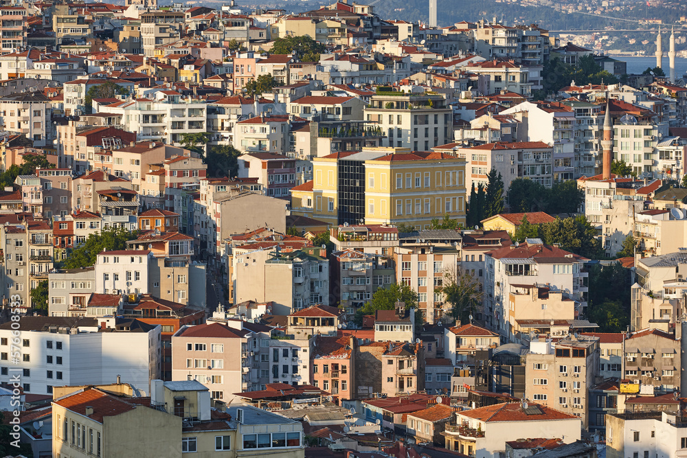 Istanbul city center old colorful buildings on the hill. Turkey