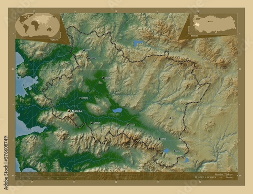 Manisa, Turkiye. Physical. Labelled points of cities photo