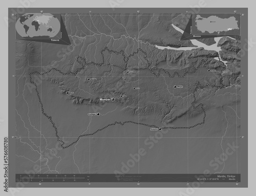 Mardin, Turkiye. Grayscale. Labelled points of cities photo