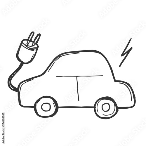 Doodle sketch of electro car concept on white background. electro car doodle art. Cartoon vector illustration. Isolated sketch line art. Icon in hand drawing design style.