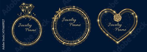 Set of golden frames with large place for copy space. Jewelry gold chains, beads, shiny stars, small glittering particles. Logo, emblem, badge for anniversary, award, gift design on dark blue
