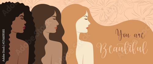 Vector horizontal banner with women of different skin colors and different hair colors. Illustration for international women's day.