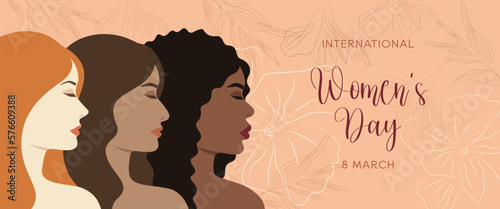 Vector horizontal banner with women of different skin colors and different hair colors on a pink background with flowers. Congratulatory illustration for international women's day.