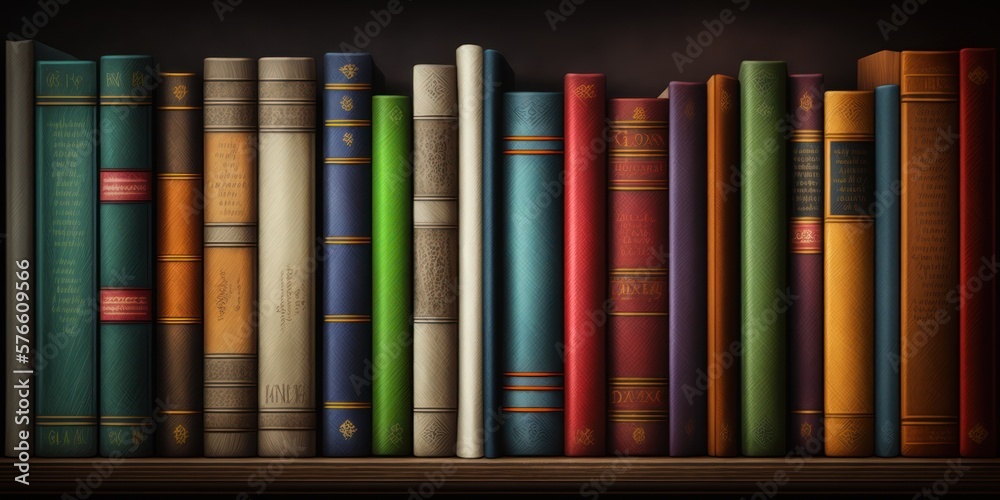 Books standing on a shelf full background. Old hardcover book