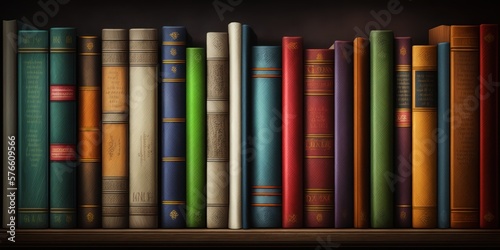 Books standing on a shelf, full background. Old hardcover book spines in a row. Generative AI