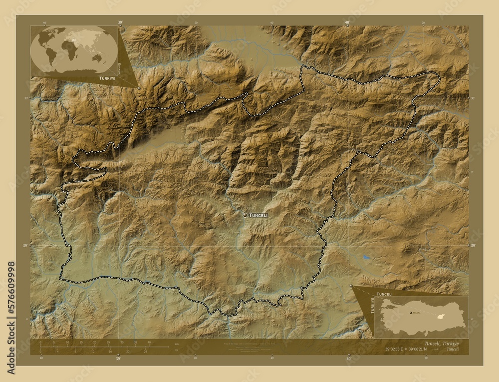 Fototapeta premium Tunceli, Turkiye. Physical. Labelled points of cities