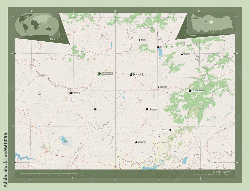 Fototapeta premium Yozgat, Turkiye. OSM. Labelled points of cities