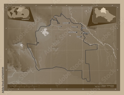 Tashauz, Turkmenistan. Sepia. Labelled points of cities photo