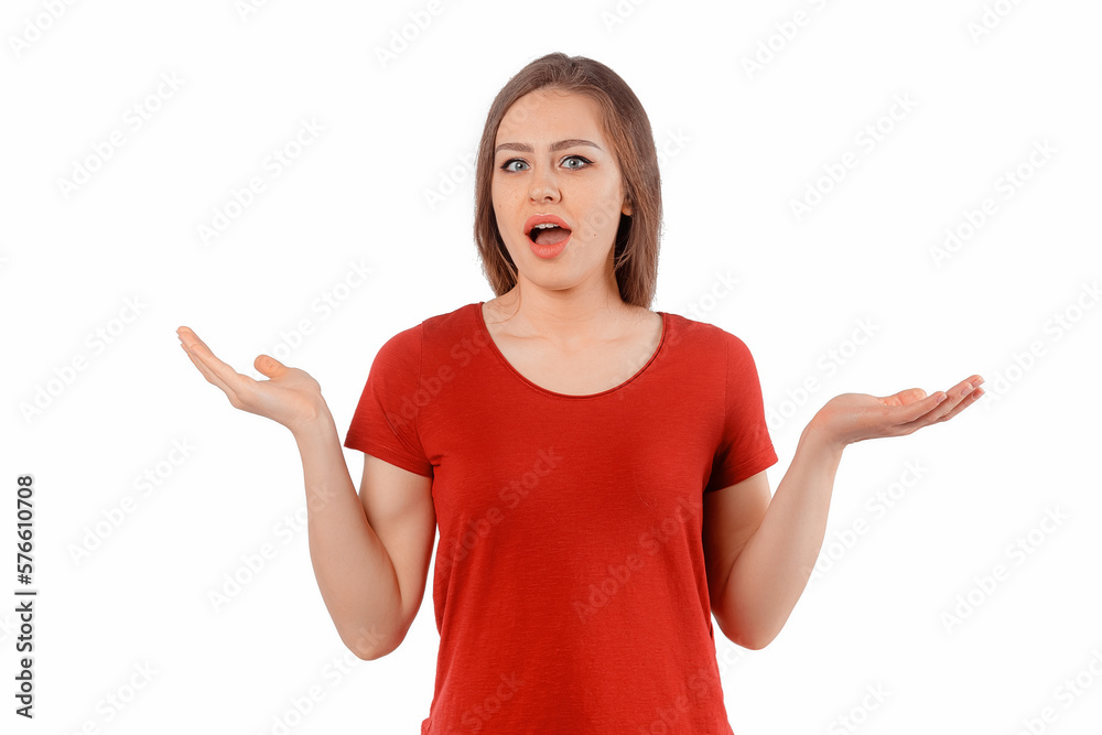 Portrait of confused and questioned unaware funny brunette woman shrugging with puzzled look and hands raised sideways, having no idea, standing without answer over white studio background Portrait of confused and questioned unaware funny brunette woman shrugging with puzzled look and hands raised sideways, having no idea, standing without answer over white studio background