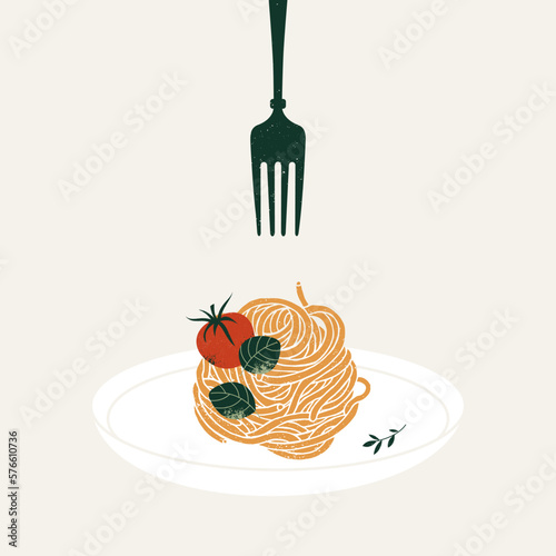 Spaghetti pasta with a fork. Pasta with tomato and basil. Textured vintage illustration. Vector illustration