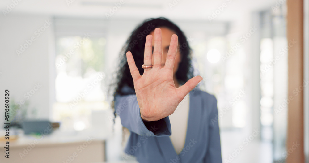 Business woman and face with stop hand for assertive and serious gesture for rejection at workplace. Corporate black woman in office portrait with palm zoom for warning, discrimination or harassment - obrazy, fototapety, plakaty 