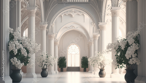 Luxury interior white palace with vintage ornamental pillar and daylight. Flower and leaves decoration in room  windows. generative ai.