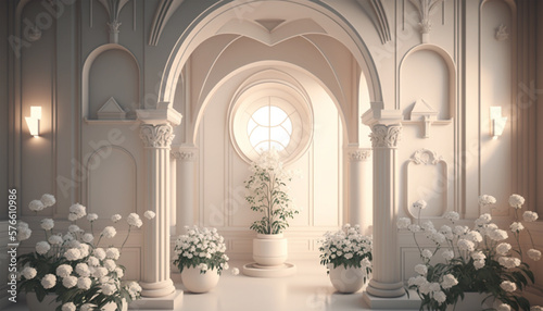 Luxury interior white palace with vintage ornamental pillar and daylight. Flower and leaves decoration in room, windows. generative ai. © Pickoloh
