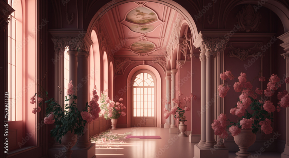 Luxury inside the pink palace of the magnificent castle with flowers decoration and old vintage ornaments in pillar with full daylight. Generative Ai.