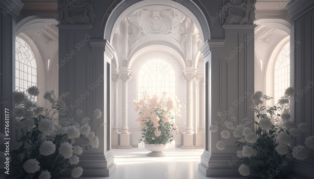 Luxury interior white palace with vintage ornamental pillar and daylight. Flower and leaves decoration in room, windows. generative ai.